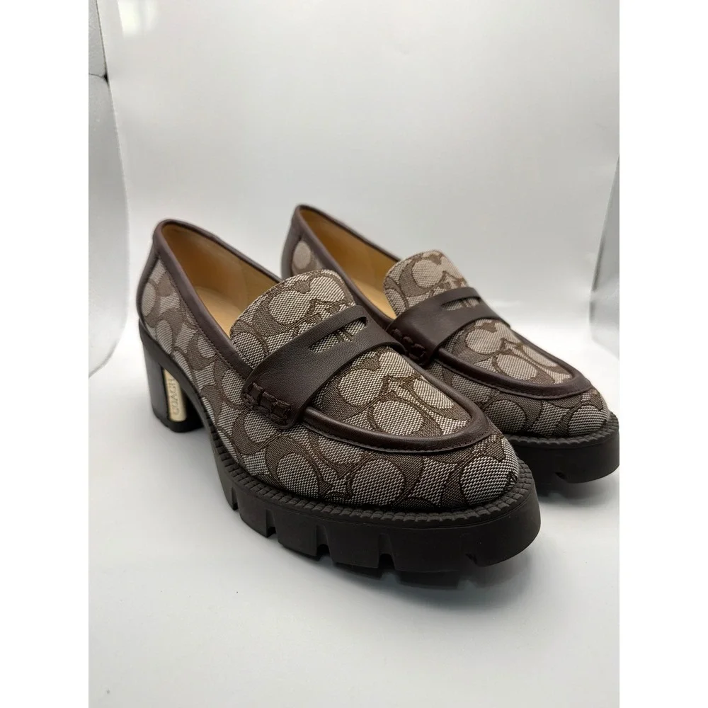 Coach Leah Loafer Signature Jacquard Leather Block Heel Lug Sole Brown Size 6.5